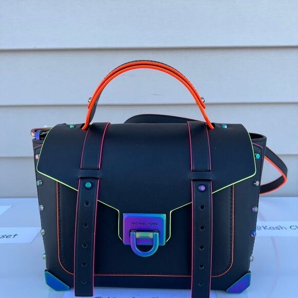 Michael Kors Manhattan Satchel Medium Leather Contrast trim Satchel Black - Picture 6 of 11